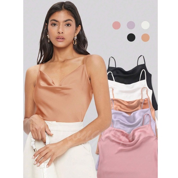 Peach Coral Orange Glamorous Cowl Neck Spaghetti Straps Camisole Top Cami, Drape - Picture 8 of 9